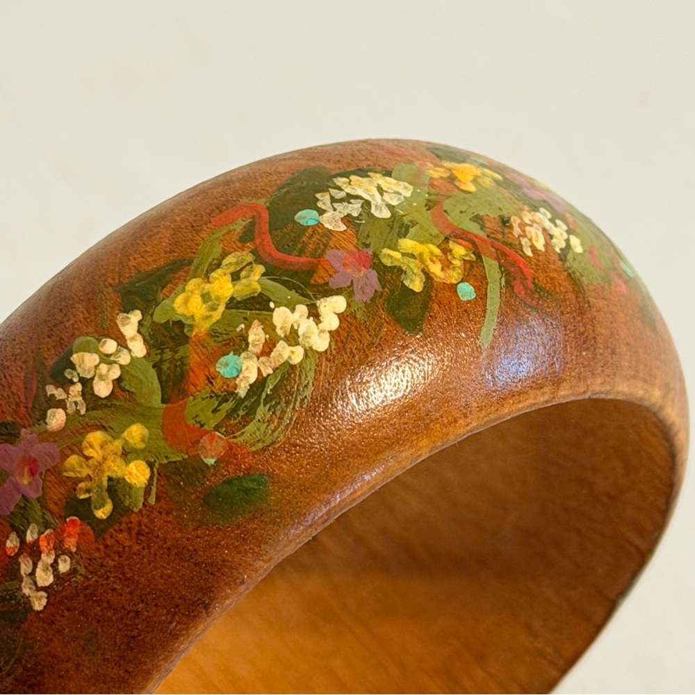Vintage 70s Wooden Chunky Bangle Bracelet Floral Handpainted Hippie Boho Brown